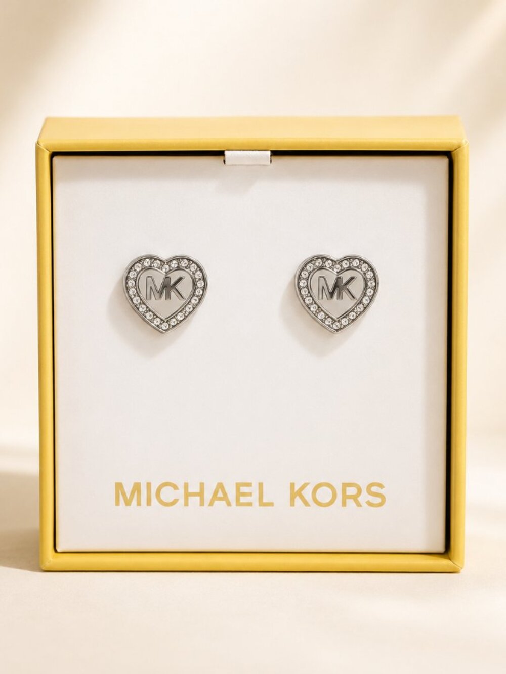 Michael Kors Heart Logo Crystal Stud Earrings Silver Tone NWT